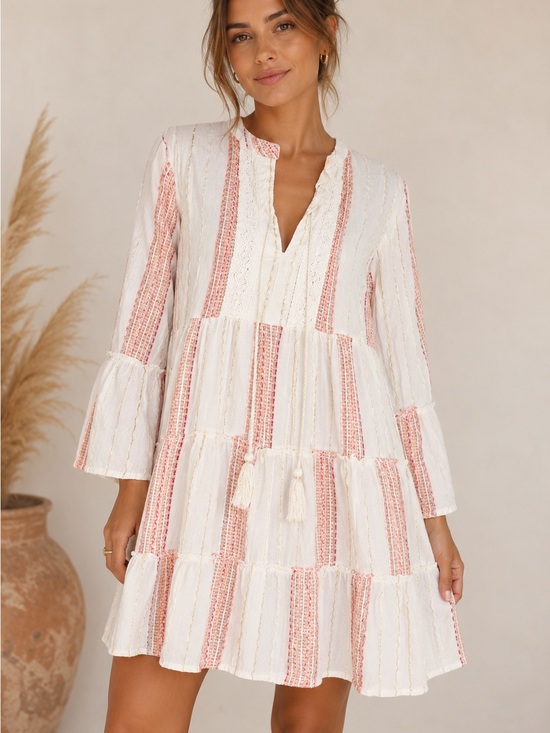 Turks & Caicos Dresses & Skirts - Turks & Caicos Boho Tiered White Coral Stripe Mini Dress size Large